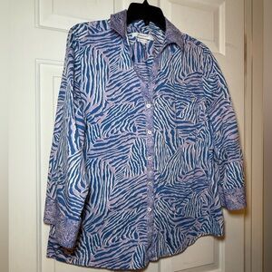 Foxcroft Zebra Print Blue Lavendar Blouse V Neck Wrinkle Free Sz 14 Vibrant